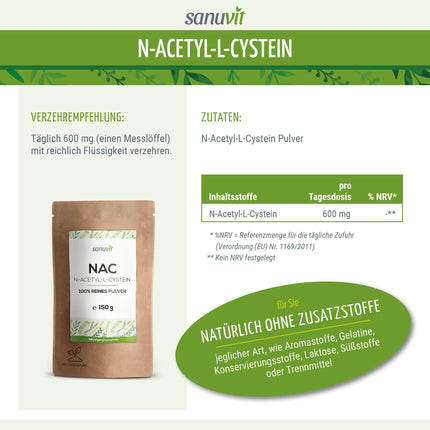 Sanuvit® - NAC Powder | 150g per sachet | 6-month supply | N-Acetyl-L-Cysteine ​​| High bioavailability and tolerability | Vegan | Made in Austria