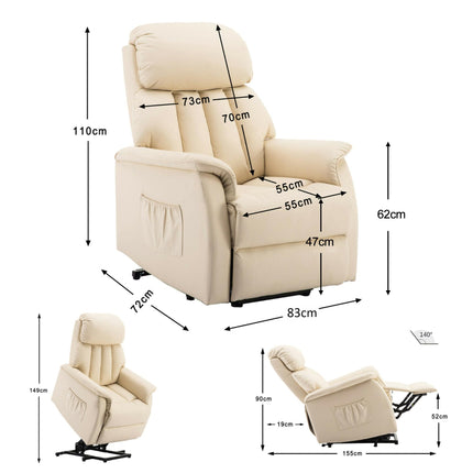 M MCombo TV armchair with electric riser, recliner chair with reclining function, senior armchair for the living room, TV armchair with reclining function up to 140°, with USB 7299 (faux leather, cream white)