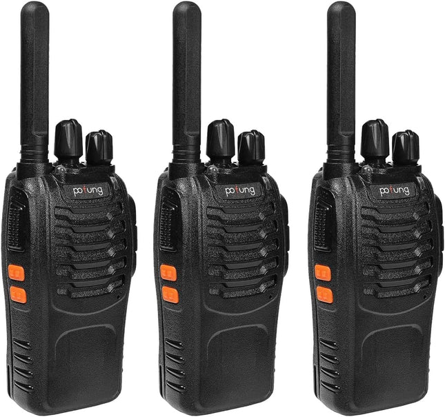 Pofung PT88E Walkie Talkie PMR446 License-Free Two-Way Radio, 16-Channel Long Range Walkie Talkies with Charging Cradle and Earpieces (Black, 3-Pack)