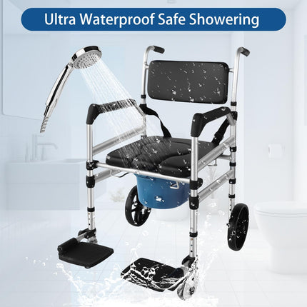 Eosprim height-adjustable toilet wheelchair, toilet chair for seniors with wheels, commode chair for seniors, shower chair with wheels for the disabled, mobile toilet chair with arms