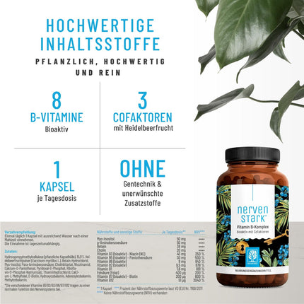 Vitamin B complex (B1-B12) with 3 active cofactors - All 8 B vitamins - Vitamin B complex vegan - B vitamin complex high dose with cofactors - Nerve-strong *