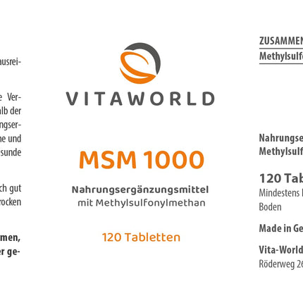 3-pack Vita World MSM 1000 mg HIGH DOSE 3 x 120 tablets VEGAN