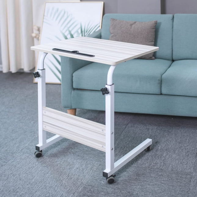 Emall Life Tray Table, Adjustable Sofa/Bedside Table, Portable Desk with Wheels, Overbed Table, Laptop Cart with Holder Slot (White Maple, 60 x 40 cm)