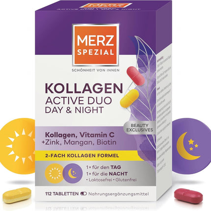 Merz Spezial Kollagen Active Duo Day &amp; Night – Beauty Complex Tablets with Collagen, Vitamin C, Zinc, Manganese + Biotin – Dietary Supplement with Dual Formula – 1 x 112 Tablets