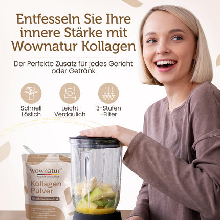 WOWNATUR® Collagen Powder 500g - Perfect Solubility - Premium Halal Collagen Hydrolysate - Peptides Types 1, 2 and 3 - The Original - (50 Servings)