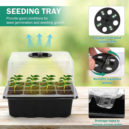 RIOGOO 4-Pack Seed Starter Tray with Grow Light, Timing Seed Starter Kit with Adjustable Brightness and Humidity, Greenhouse Germination Kit (12 x 4.48 Cells)