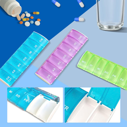 Pill box 7 days, reusable pill box small pill box large compartments handy and moisture-resistant medication dispenser for morning evening 7 compartments, 3 pieces storage box