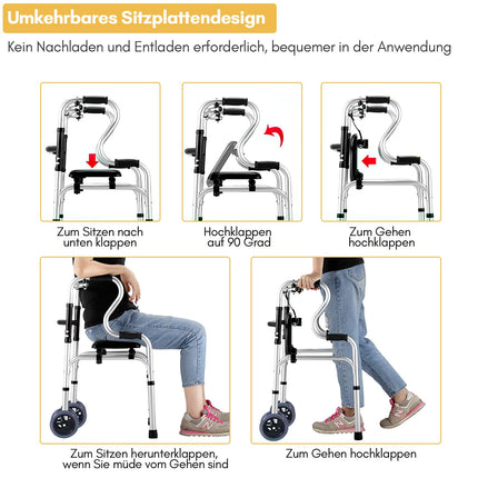 Eulenke walking aid for seniors, folding walking frame with 2 castors, walking aid for adults, height-adjustable walking frame made of aluminum, non-slip, stable walking frame up to 180 kg, silver