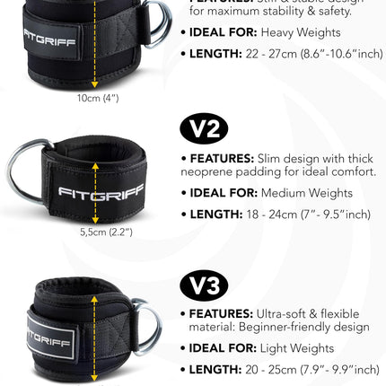 Fitgriff® Foot Straps V3 - for fitness training on cable pulleys - (2 pieces) Ankle Straps for women and men (Black)