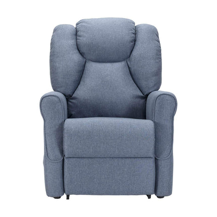 Sime FR-1 ADJUSTABLE electric recliner with vibrating massage. Combined backrest and footrest inclination. 4 wheels move the user. Non-deformable seat, dirt-repellent, stand-up aid. Denim Blue.