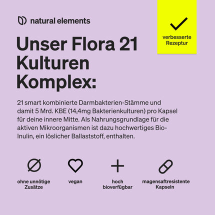 Flora 21® Cultures Complex – 21 bacterial strains + organic inulin – 180 gastro-resistant capsules – Laboratory-tested, vegan, high-dose, and produced in Germany