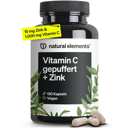Vitamin C - 120 Capsules - High dosage with 1000mg + 15mg zinc - Plant-fermented &amp; buffered (pH-neutral, acid-free, gentle on the stomach) - Laboratory-tested, vegan, and produced in Germany
