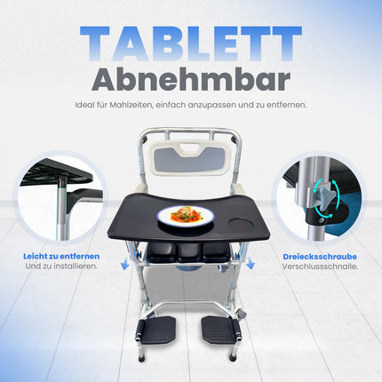 Commode Chair for Seniors with Shower Seat, Wheelchair and Removable Food Tray - Shower Chair for Seniors - Raised Toilet Seat for Adults - Commode Chairs - Commode Chair with Wheels up to 170KG