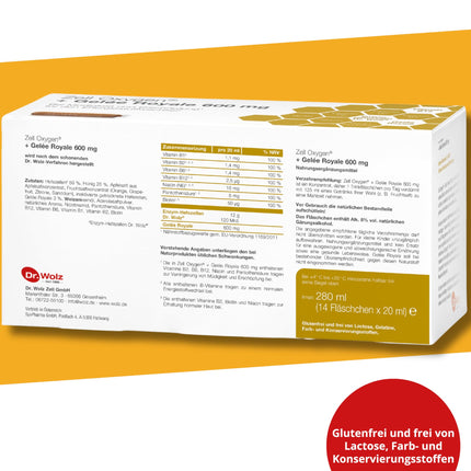 Dr. Wolz Zell Oxygen + Royal Jelly 600 mg, natural enzyme yeast cells, for performance and energy, with fresh organic royal jelly and vitamins, 14 ampoules of 20 ml each