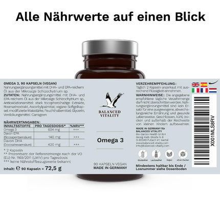 Vegan Omega 3 high-dose - 1500 mg per daily dose with 450 DHA &amp; 225 EPA from algae oil - 90 capsules 1 month - Omega 3 algae oil capsules with branded raw material life'sOMEGA® - Fish-free - Balanced Vitality