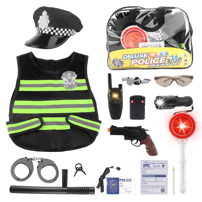 deAO Police Costume Kids Toy with Police Equipment Police Hat Vest Sunglasses Walkie Talkie Police Toy Role Play Set for Halloween