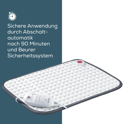 Beurer heating pad HK 41, cozy heat pad with 3 temperature settings and automatic switch-off, machine washable, made in Europe, white / gray, 44 x 33 cm