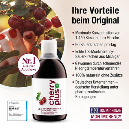 US Montmorency Sour Cherry Concentrate – Highly Concentrated – 1,450 Montmorency Sour Cherries per Bottle (500 ml) – Cherry PLUS