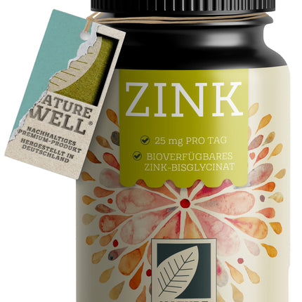Zinc 25mg - 365 tablets (vegan) with zinc bisglycinate (zinc chelate) for maximum bioavailability - laboratory-tested, high-dose, no unwanted additives - 1 year's supply - NatureWell