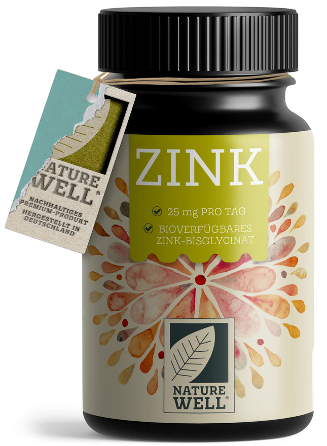 Zinc 25mg - 365 tablets (vegan) with zinc bisglycinate (zinc chelate) for maximum bioavailability - laboratory-tested, high-dose, no unwanted additives - 1 year's supply - NatureWell