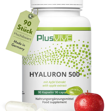 PlusVive Hyaluronic Acid Capsules High Dosage I 1 x 90 Capsules with Apple Extract I 500mg Hyaluronic Acid with 500-700 kD per Capsule I Hyaluronic Capsules I Dietary Supplement Vegan &amp; Laboratory Tested