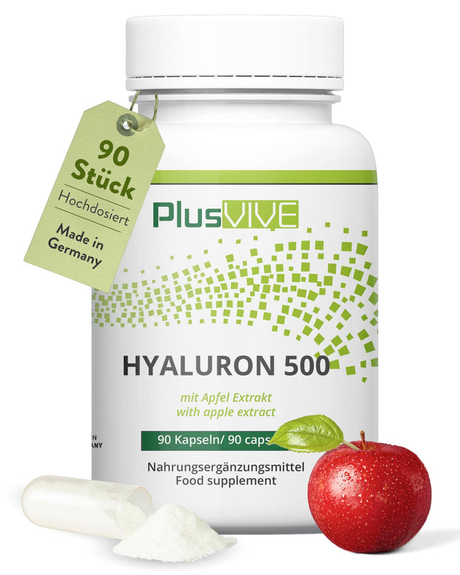 PlusVive Hyaluronic Acid Capsules High Dosage I 1 x 90 Capsules with Apple Extract I 500mg Hyaluronic Acid with 500-700 kD per Capsule I Hyaluronic Capsules I Dietary Supplement Vegan &amp; Laboratory Tested