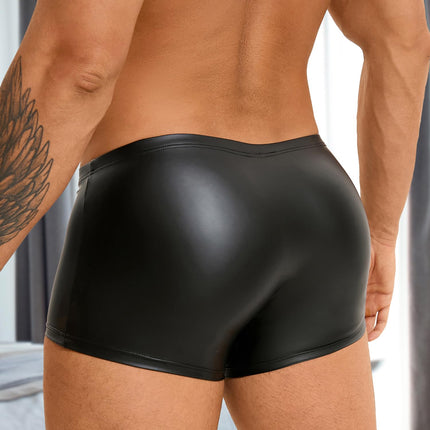 Sexy boxer shorts men with opening PU leather underwear with pouch large sizes wetlook underpants with buttons sissy lingerie men sexy underwear erotic shorts briefs hipster gay clubwear (black, M)