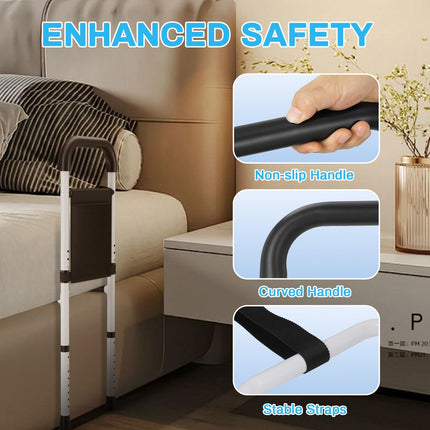 Bed riser bed handle, height-adjustable handle for getting out of bed, bed entry aid for seniors, bed rail fall protection with storage bag, safety and stability