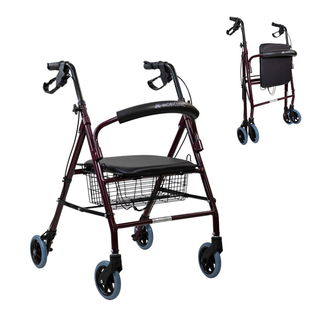 Mobiclinic®, Rollator, Escorial, European brand, Foldable and lightweight, Lockable handbrake, Walking aid, Aluminum, Removable basket, With seat and backrest, Bordeaux