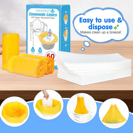RINOZO 60-Pack Super Absorbent Toilet Seat Pads for Bedside Tables, Universal Fit for All Standard Portable Toilet Buckets, Disposable Trash Bags, 60Pcs Bags+60Pcs Pads