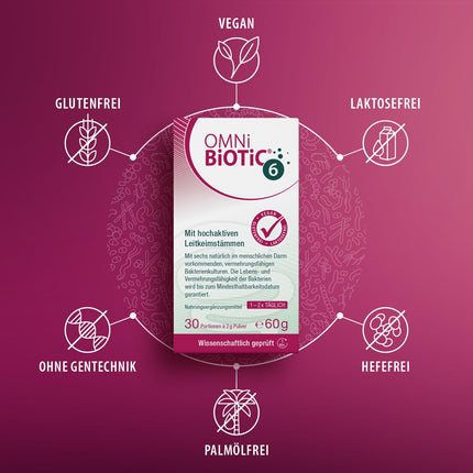 OMNi BiOTiC 6 | Glass Jar | 60 servings (120g) | 6 bacterial strains | 4 billion germs per daily dose | Powder | With inulin | Vegan | Gluten-free | Lactose-free | For daily use