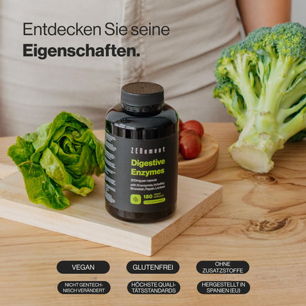 Digestive Enzymes - 10 Enzymes including Bromelain and Papain, High Concentration - 200mg per Capsule - 180 Vegan Capsules - Suitable for All Diets - No Additives, Gluten-Free
