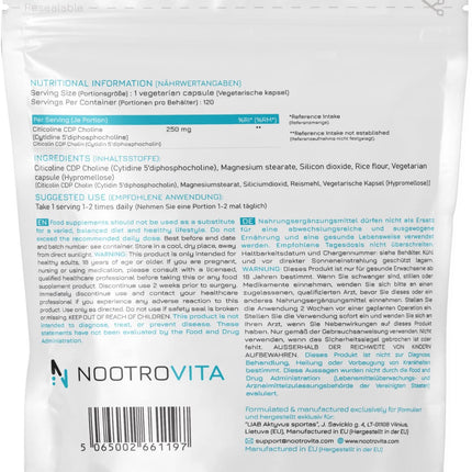 Citicoline CDP Choline 120 Capsules - For Memory, Concentration, and Cognitive Function | Gluten and Allergen Free | Manufactured in ISO-Certified Facilities | Nootrovita