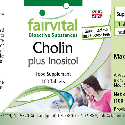 Fairvital | Choline Bitartrate plus Inositol - 100 Tablets - HIGH DOSE - VEGAN