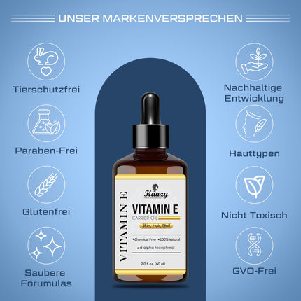Kanzy Vitamin E Oil Organic Drops for Cosmetics 60ml 100% Natural d-Alpha-tocopherol, Anti-Wrinkle, Anti-Aging, Pure Vitamin E Oil Against all types of wrinkles, face, nails and hair