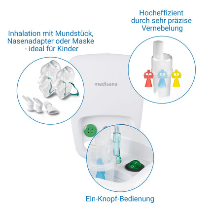 Medisana IN 500 Inhaler, inhalation device with mouthpiece and mask for adults and children, nebulizer inhaler for colds or asthma with extra accessories