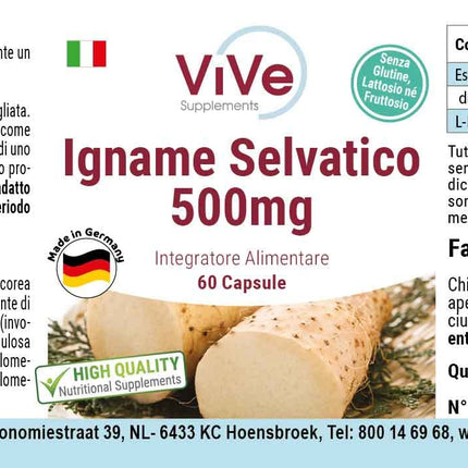 Wild Yam Extract 500 mg - 60 Capsules Wild Yam with 20% Diosgenin - High Dose and Vegan - Dioscorea villosa | Quality from Germany by ViVe Supplements