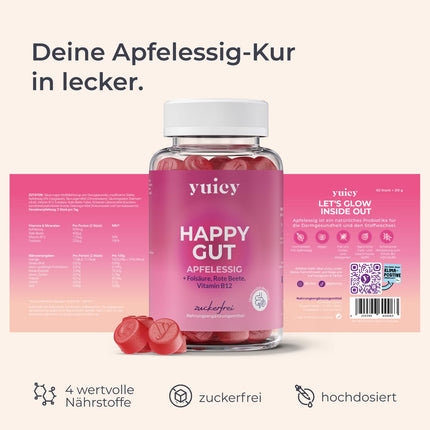 YUICY® Apple Cider Vinegar Gummies - With B12 &amp; Folic Acid for Energy, Digestion &amp; Metabolism - Vegan &amp; Sugar-Free - Delicious Apple Flavor - Apple Cider Vinegar Gummies - 60 pcs. - HAPPY GUT
