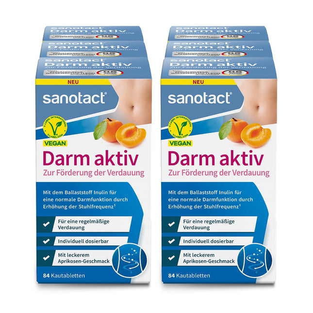 sanotact Darm AKTIV (6 x 84 chewable tablets) • For normal intestinal function • Natural fiber &amp; inulin from chicory root • Regular digestion &amp; intestinal cleansing • 100% vegan