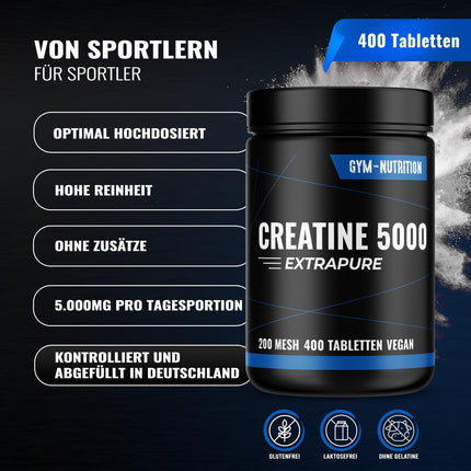 Creatine 5000 Giga Tabs High Dose - 5000mg per day - 400 Tablets - Monohydrate Tablets - Easy-to-swallow alternative to creatine capsules - 200 mesh, vegan &amp; produced in Germany