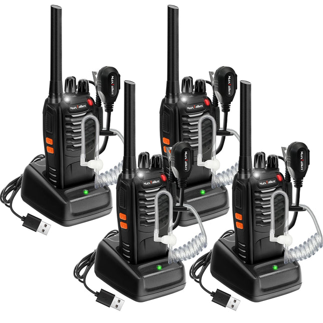 MaxTalker MT-8S Walkie Talkie Rechargeable for Adults and Children, License-Free PMR446 Radios, 16-Channel Radio Reception, with Headset and 1500mAh Lithium-Ion Battery with Type-C Connector, Set of 4