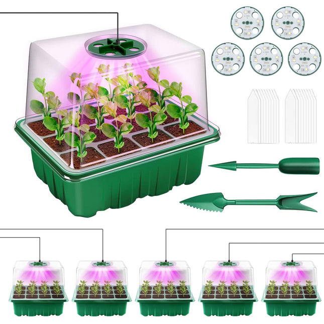 Yozexin Indoor Greenhouse Propagator with Plant Lamp, 5-Piece Mini Greenhouse Propagation Set, Greenhouse Propagation Tray with Raised Lid, for Plant Growth and Seed Germination