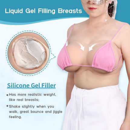 Vnmcry Silicone Breast Forms Realistic Crossdresser V-Neck Silicone Boobs Gel Filled Strapless False Breast Forms for Transgender Breast Prosthesis (Beige Skin - C Cup Size S)