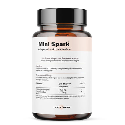 Mini Spark Collagen Hyaluronic Acid Complex | 90 Capsules | 900g bioactive collagen with 220g hyaluronic acid per daily dose | Laboratory tested and processed in Germany