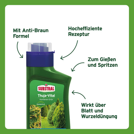 Substral Thuja-Vital, special fertilizer for spraying and watering thujas, cypresses, boxwood, cherry laurel, etc., 500 ml, green