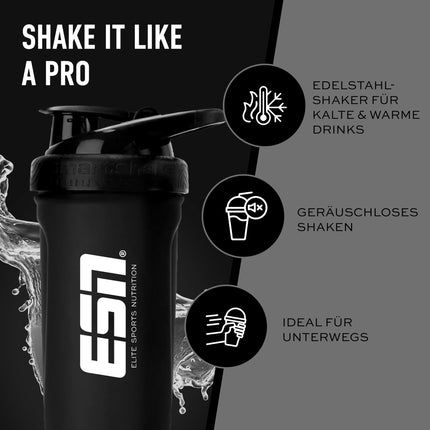 ESN Shaker Reforce Stainless Steel, black, 700 ml, leak-proof, measurements engraved inside, free from BPA &amp; DEHP