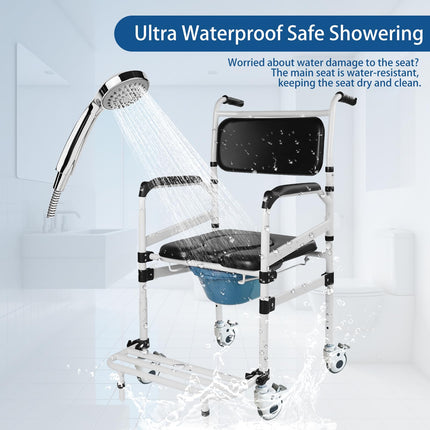 Height-adjustable toilet wheelchair, toilet chair for seniors with wheels, shower wheelchair, bedside chair for seniors, shower chair with wheels for the disabled, mobile toilet chair with arms (black)