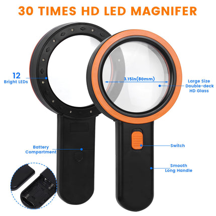 AIXPI Magnifying Glass with Light, 30x Reading Magnifier, 12 LEDs Magnifying Glass, Handheld Magnifying Glass Illuminated Magnifier for Children, Seniors, Jewelers, Coins (Black)