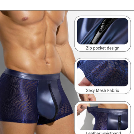 Casey Kevin Boxer Shorts Men's Underwear Men's Boxer Men's PU Leather Boxer Shorts With Zipper Clubwear Underpants