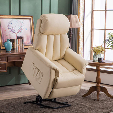 M MCombo TV armchair with electric riser, recliner chair with reclining function, senior armchair for the living room, TV armchair with reclining function up to 140°, with USB 7299 (faux leather, cream white)